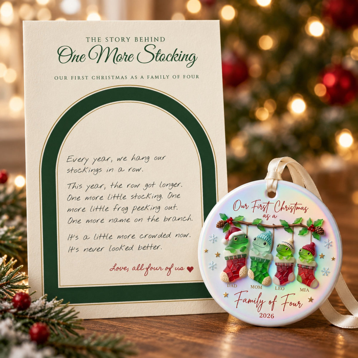 Personalized Our First Christmas as a Family of Four Frog Stockings Ceramic Ornament — One More Stocking