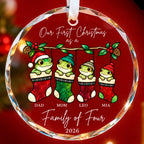 Personalized Our First Christmas as a Family of Four Frog Stockings Glass Ornament