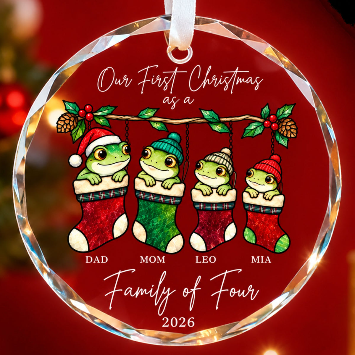 Personalized Our First Christmas as a Family of Four Frog Stockings Glass Ornament