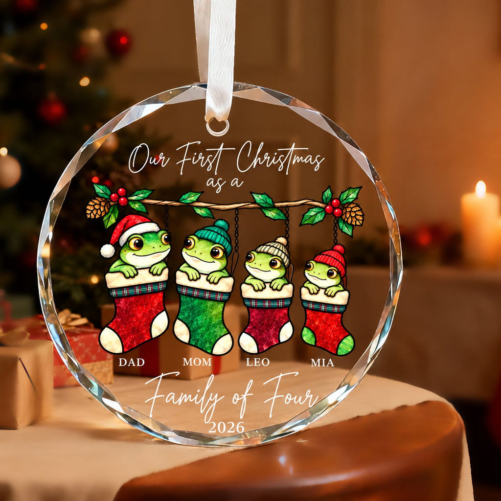 Personalized Our First Christmas as a Family of Four Frog Stockings Glass Ornament