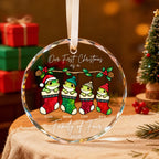 Personalized Our First Christmas as a Family of Four Frog Stockings Glass Ornament