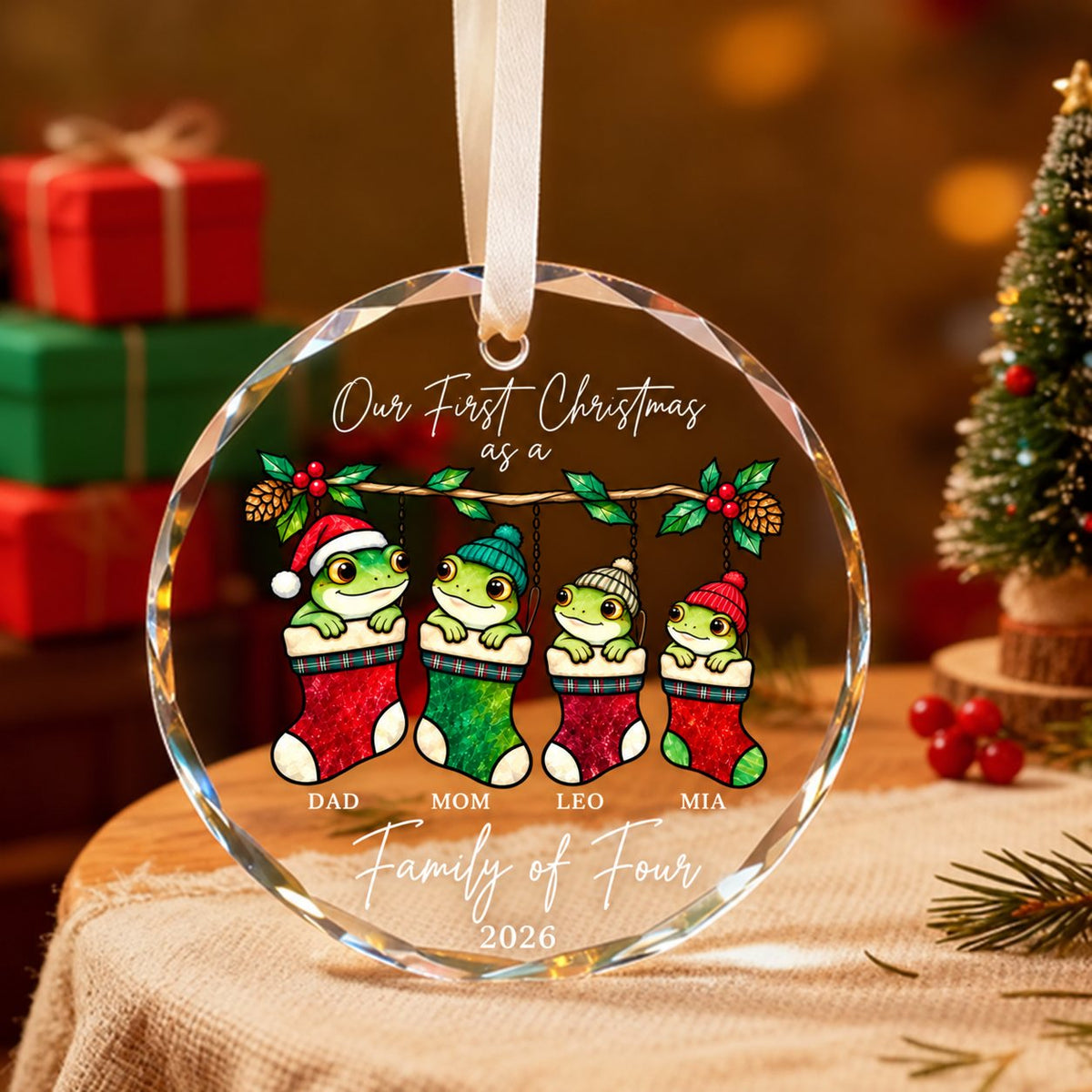 Personalized Our First Christmas as a Family of Four Frog Stockings Glass Ornament