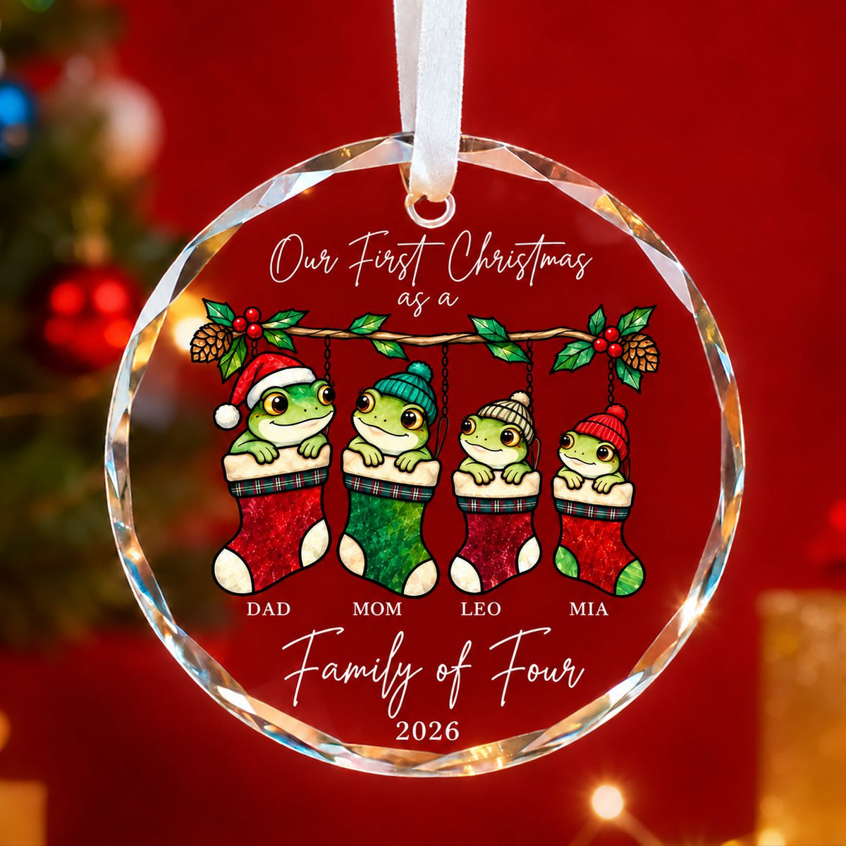 Personalized Our First Christmas as a Family of Four Frog Stockings Glass Ornament