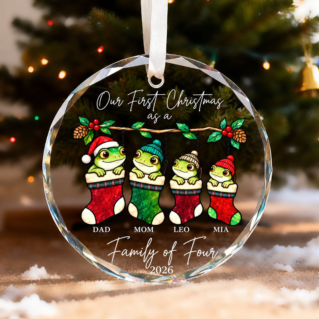 Personalized Our First Christmas as a Family of Four Frog Stockings Glass Ornament