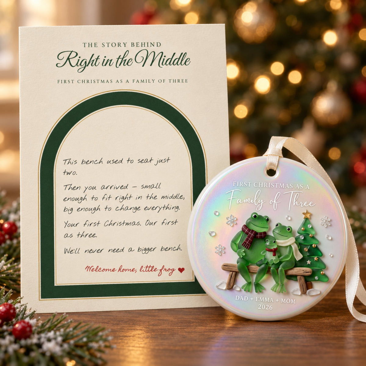 Personalized First Christmas as a Family of Three Frog Ceramic Ornament — Right in the Middle