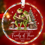 Personalized First Christmas as a Family of Three Frog Glass Ornament