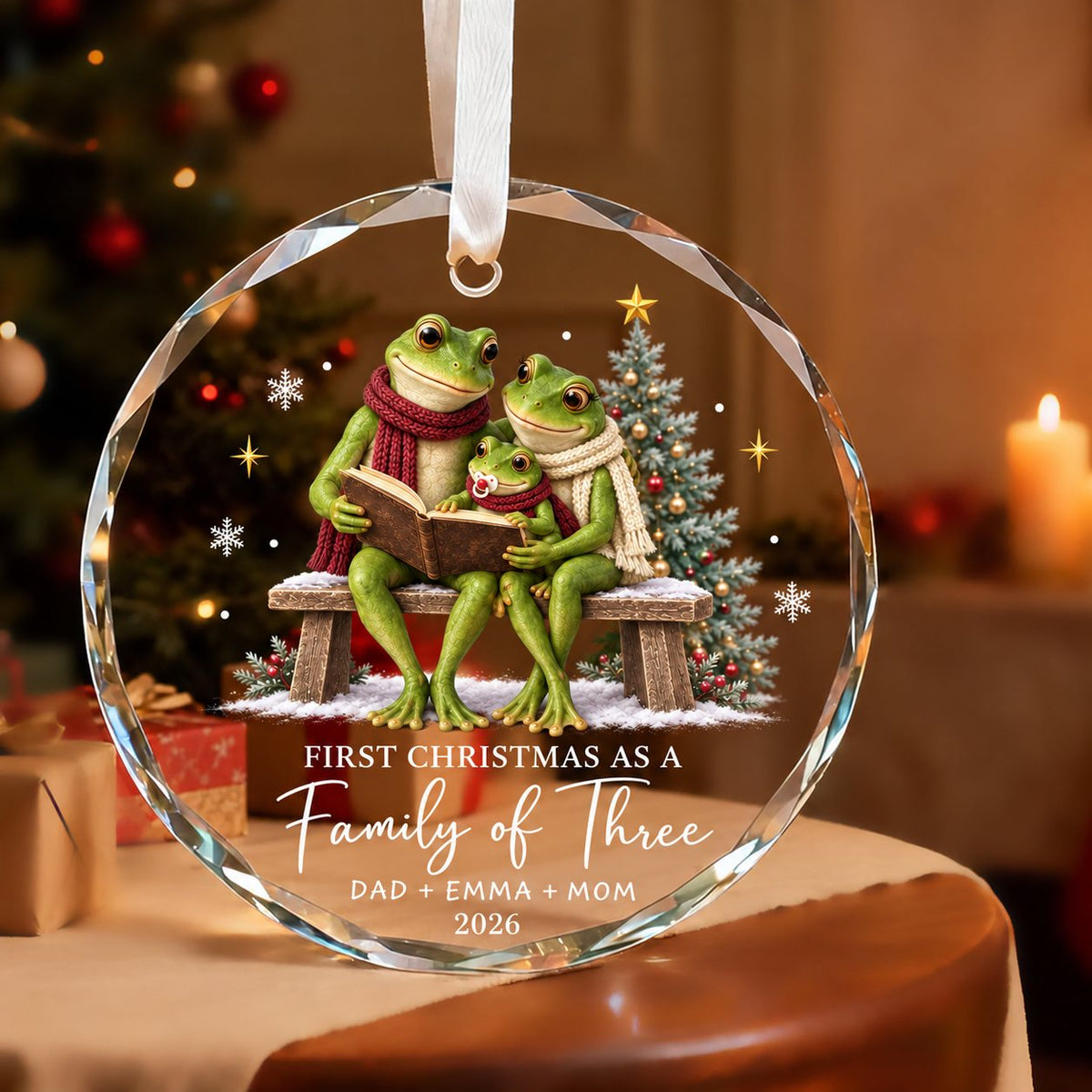 Personalized First Christmas as a Family of Three Frog Glass Ornament