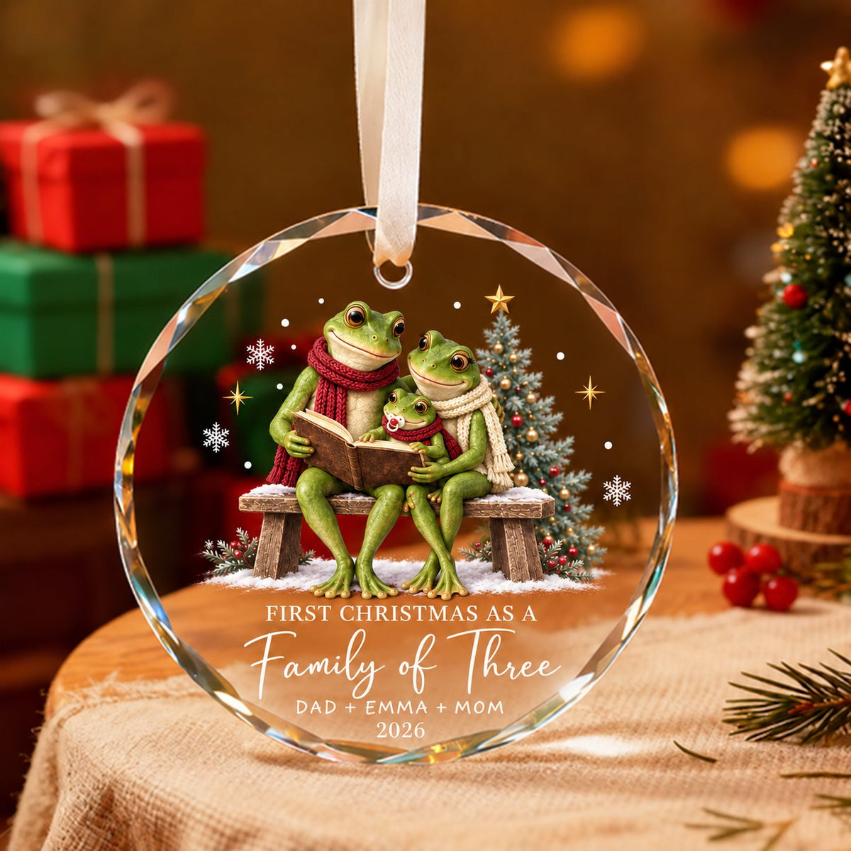 Personalized First Christmas as a Family of Three Frog Glass Ornament
