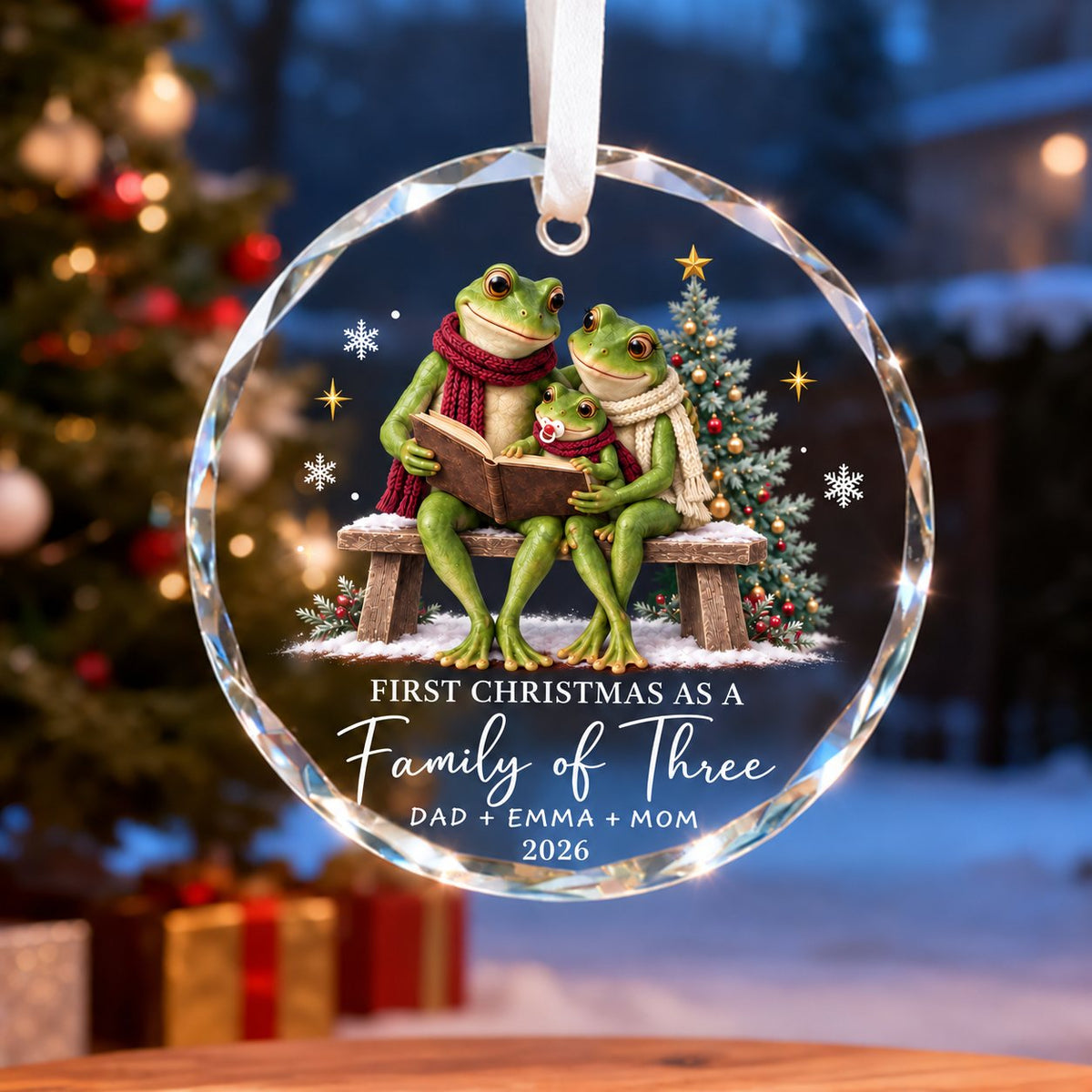 Personalized First Christmas as a Family of Three Frog Glass Ornament