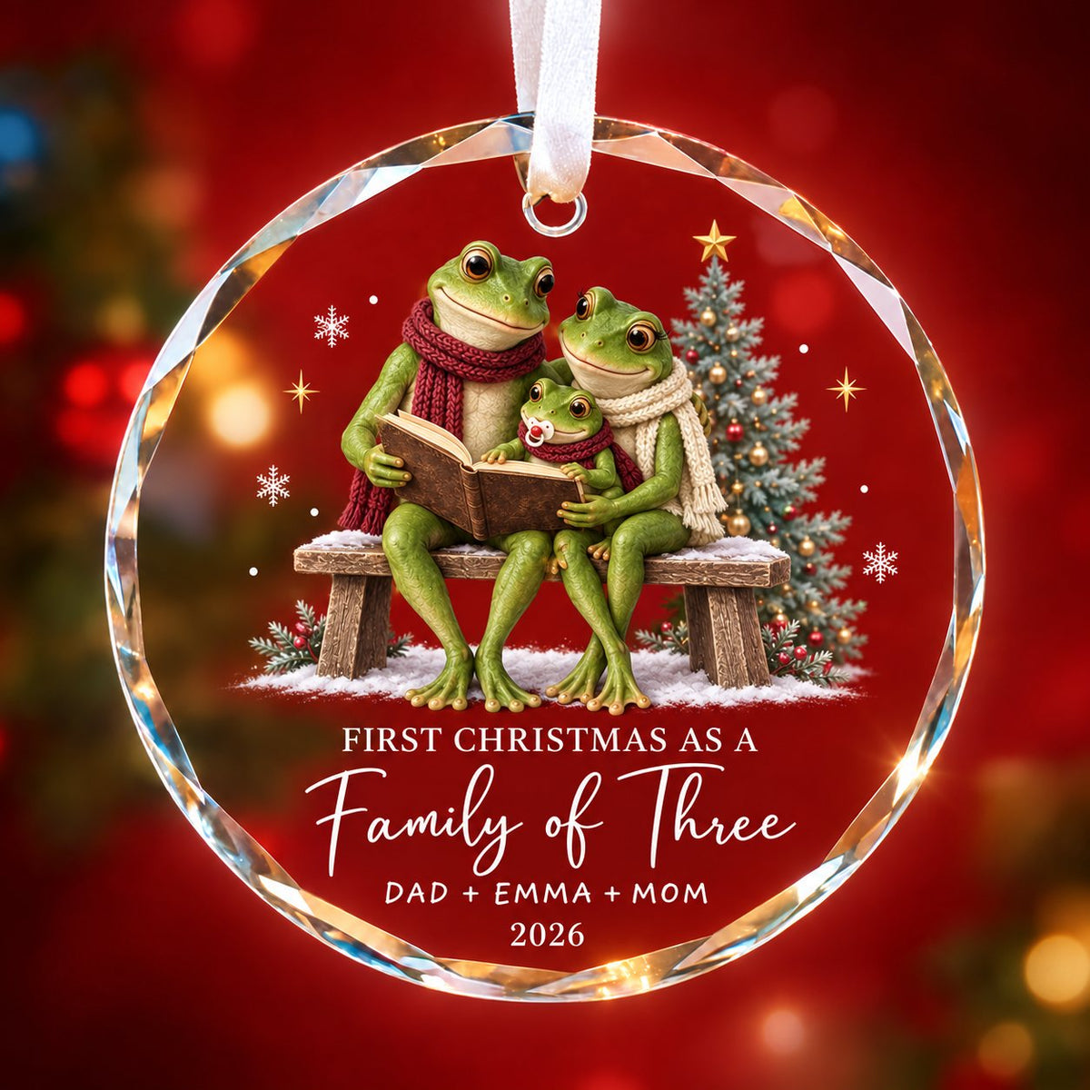 Personalized First Christmas as a Family of Three Frog Glass Ornament