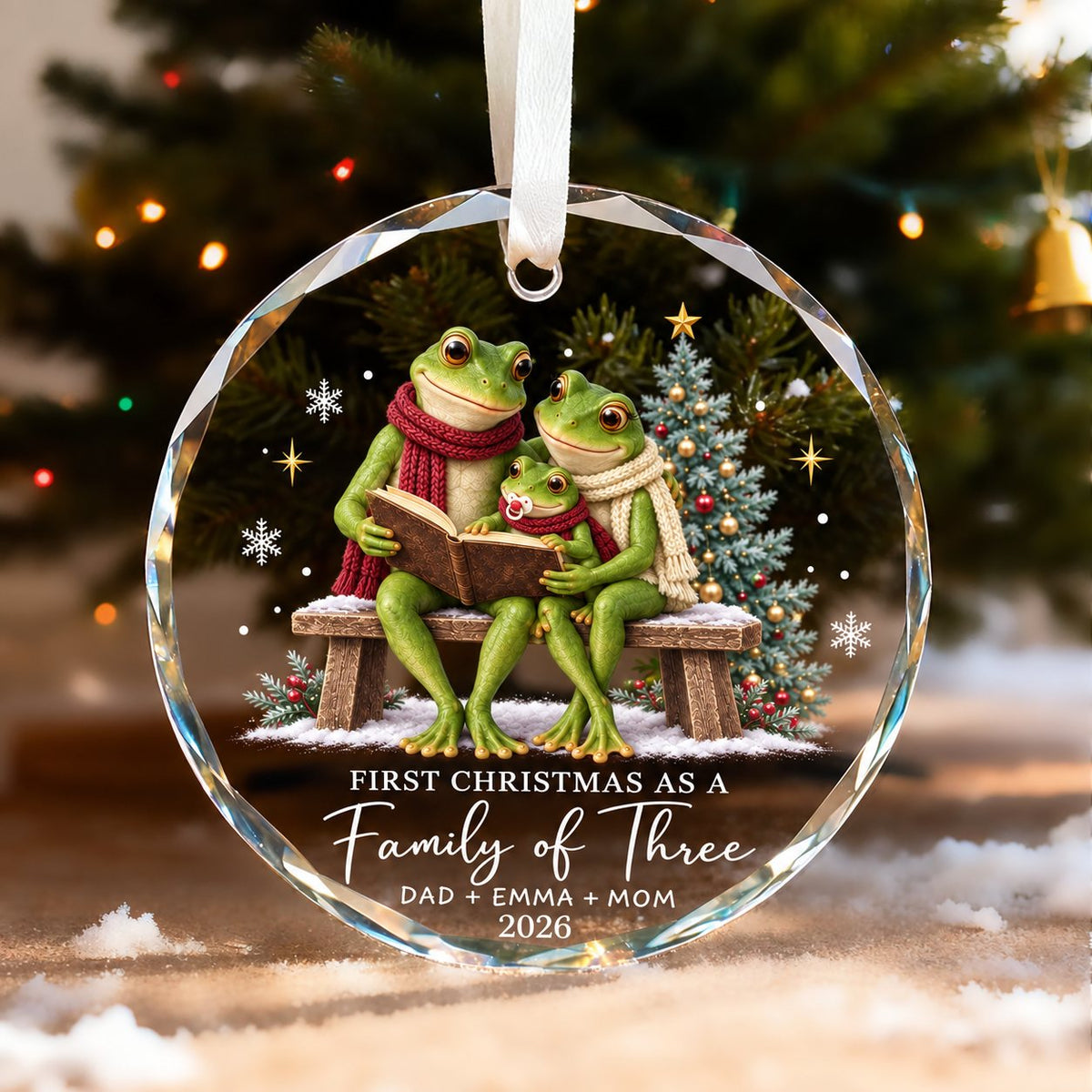 Personalized First Christmas as a Family of Three Frog Glass Ornament