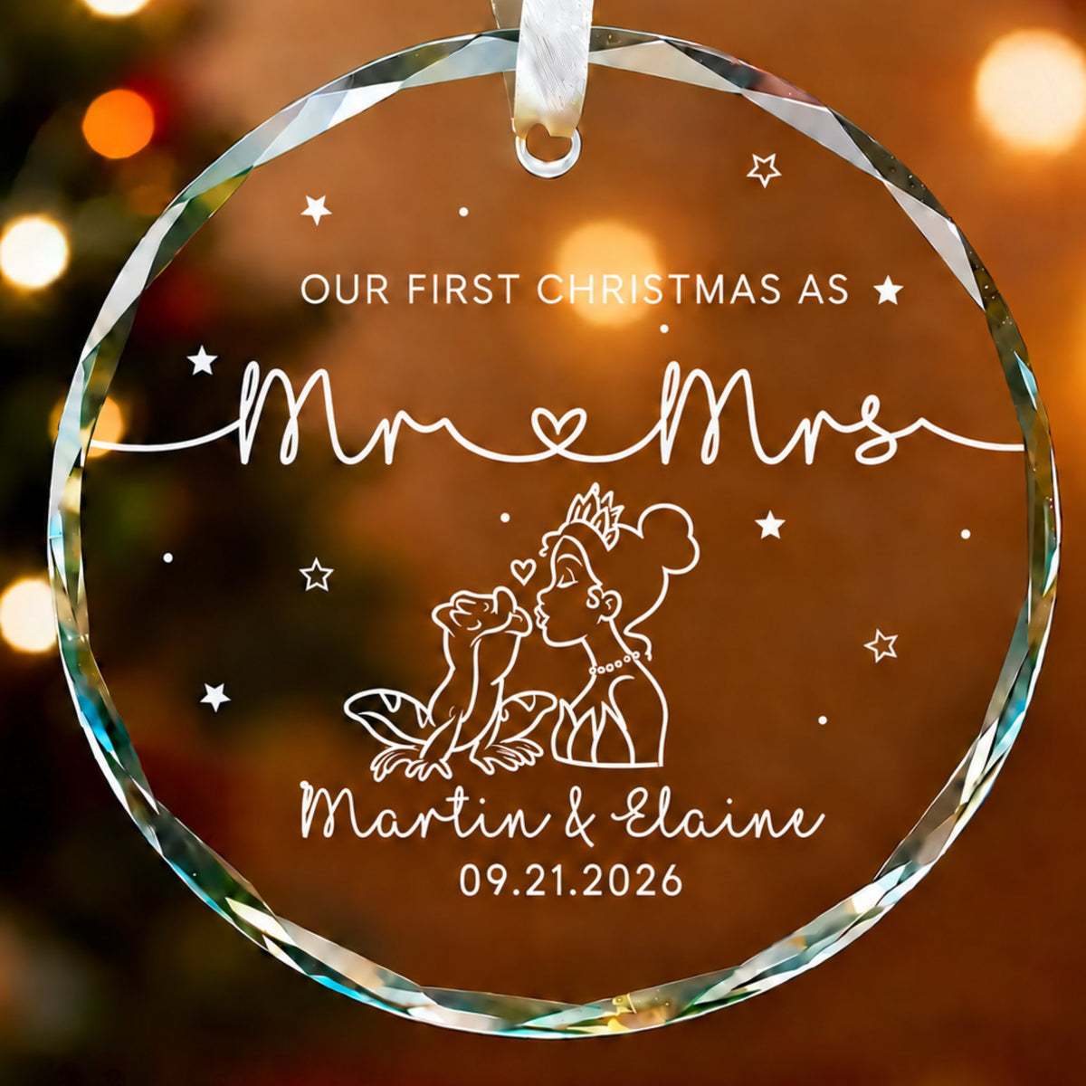 Personalized Our First Christmas as Mr & Mrs Frog Kiss Glass Christmas Ornament