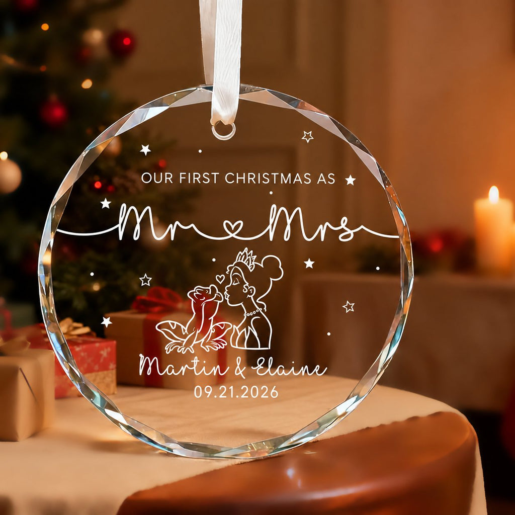Personalized Our First Christmas as Mr & Mrs Frog Kiss Glass Christmas Ornament