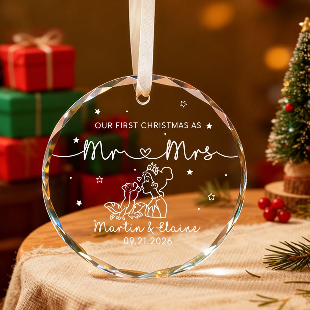 Personalized Our First Christmas as Mr & Mrs Frog Kiss Glass Christmas Ornament