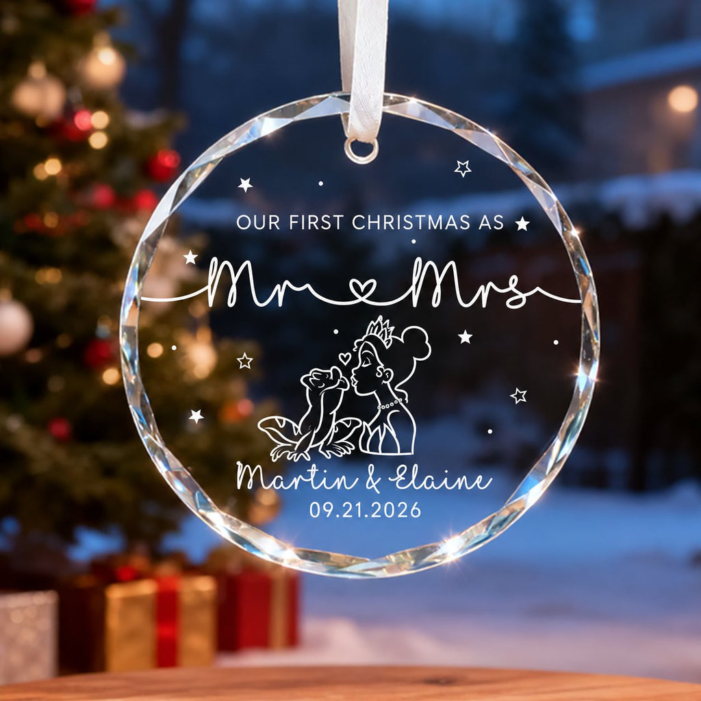 Personalized Our First Christmas as Mr & Mrs Frog Kiss Glass Christmas Ornament