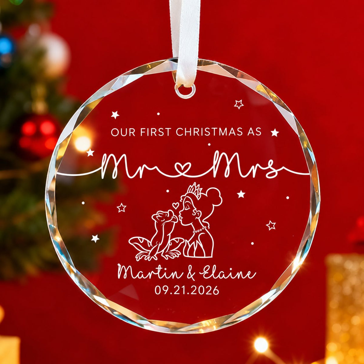 Personalized Our First Christmas as Mr & Mrs Frog Kiss Glass Christmas Ornament
