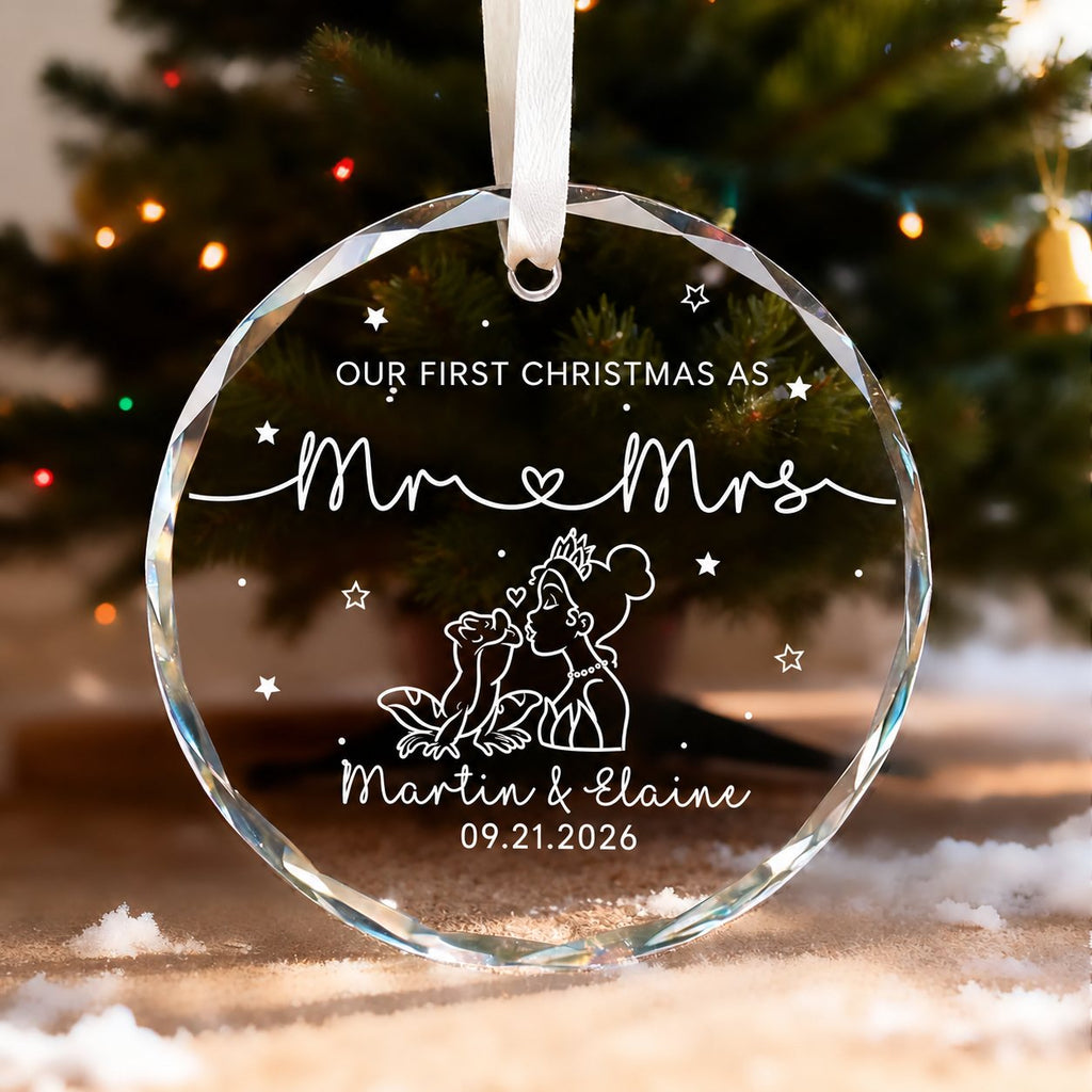 Personalized Our First Christmas as Mr & Mrs Frog Kiss Glass Christmas Ornament