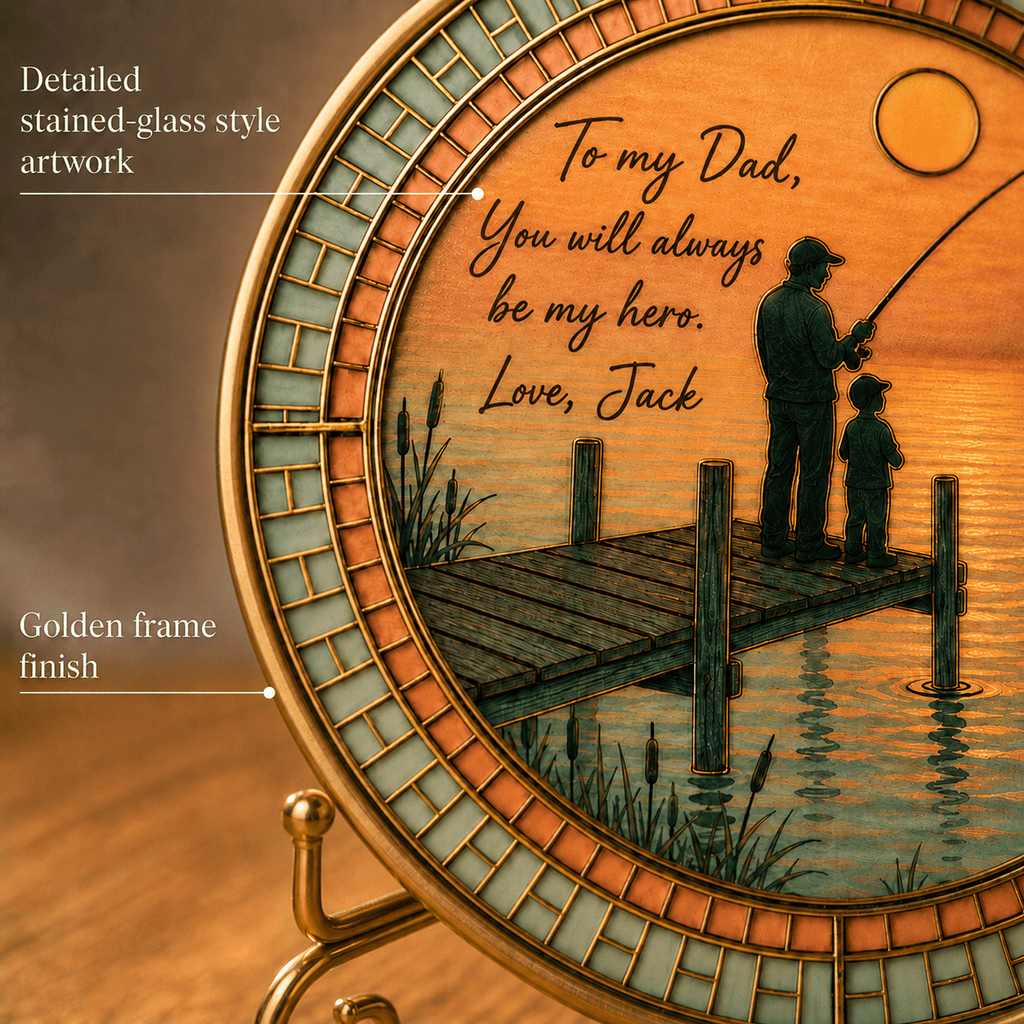 Close up detail of stained glass style fishing dad acrylic plaque artwork