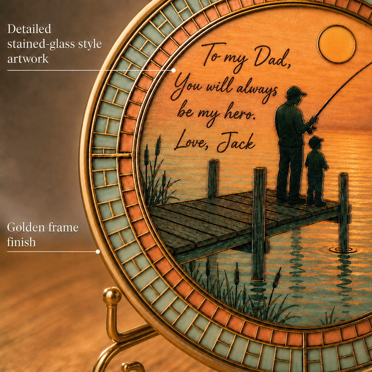 Close up detail of stained glass style fishing dad acrylic plaque artwork