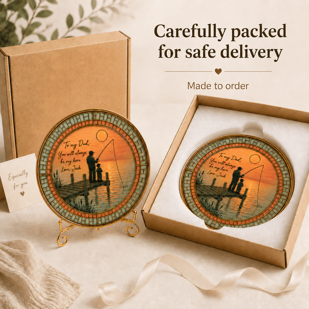 Carefully packaged personalized fishing dad plaque ready for gifting