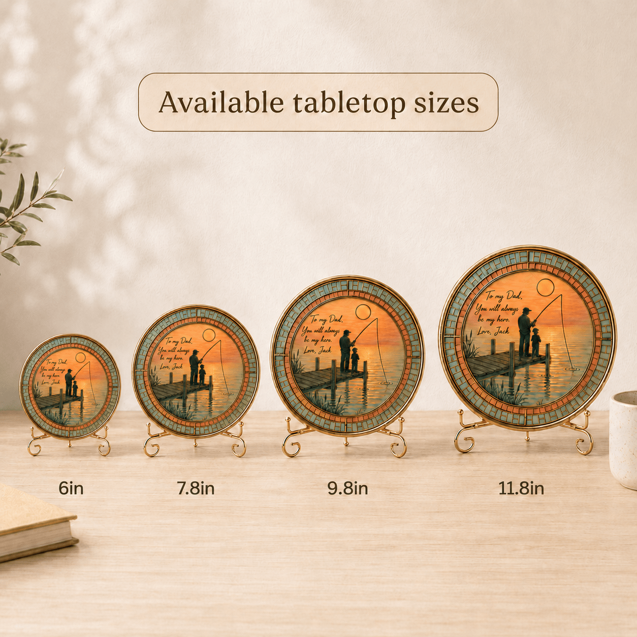 Available tabletop sizes for personalized fishing dad plaque acrylic gift