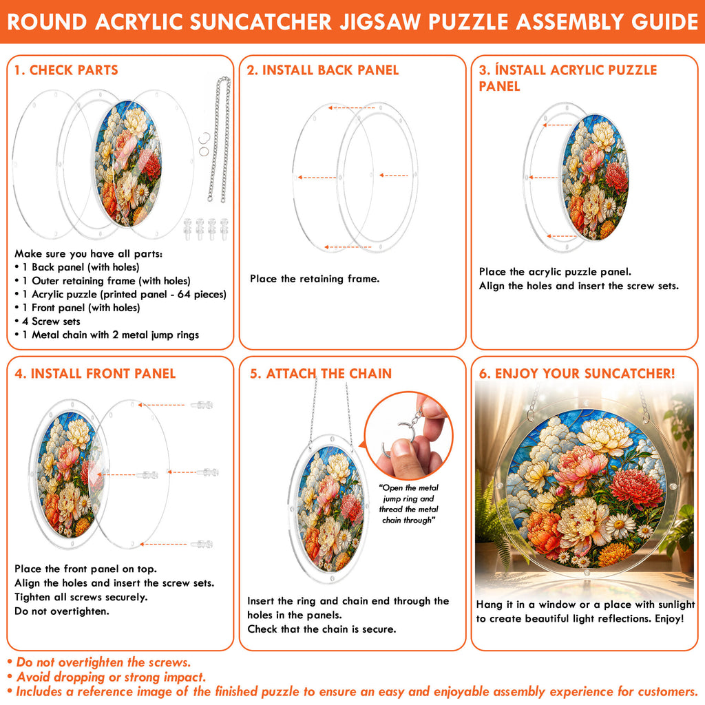 Peony bouquet acrylic puzzle suncatcher, colorful DIY floral window decor