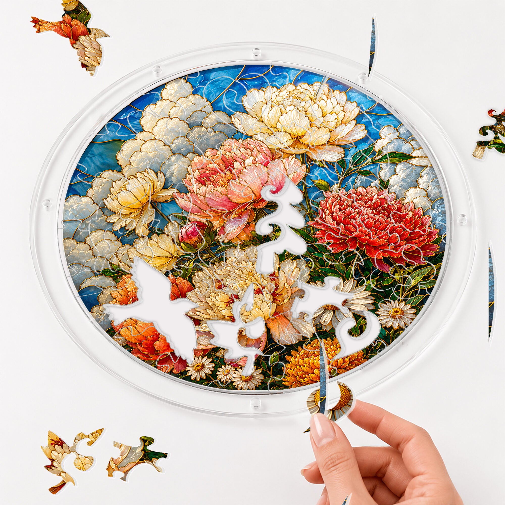 Peony bouquet acrylic puzzle suncatcher, colorful DIY floral window decor
