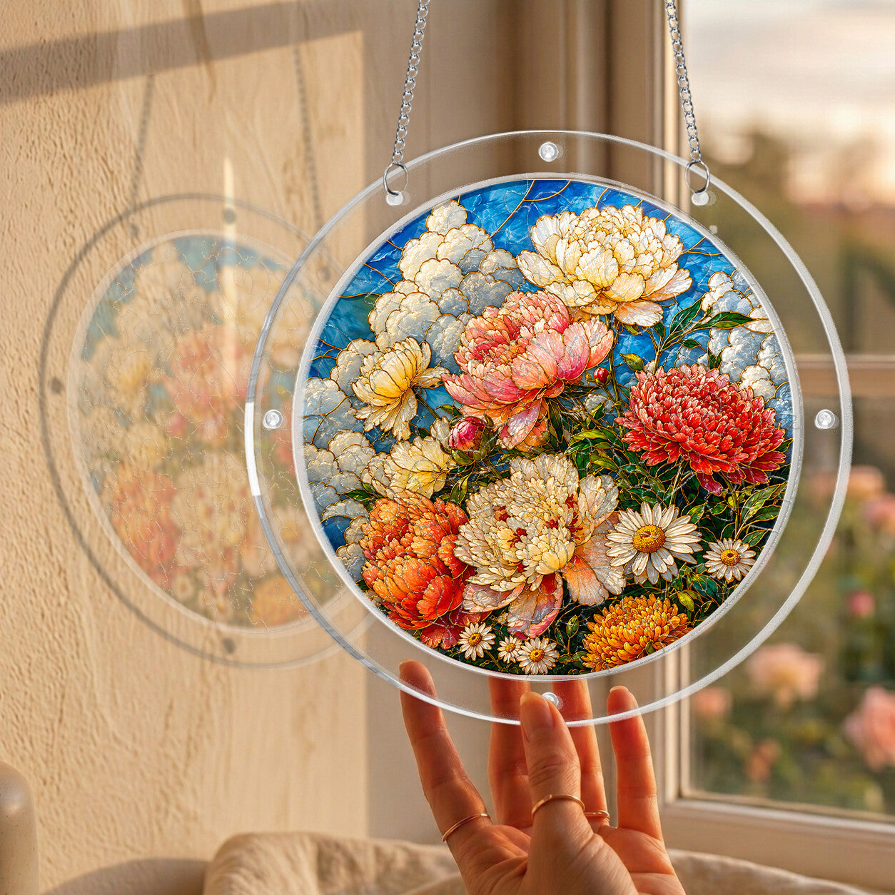 Peony bouquet acrylic puzzle suncatcher, colorful DIY floral window decor