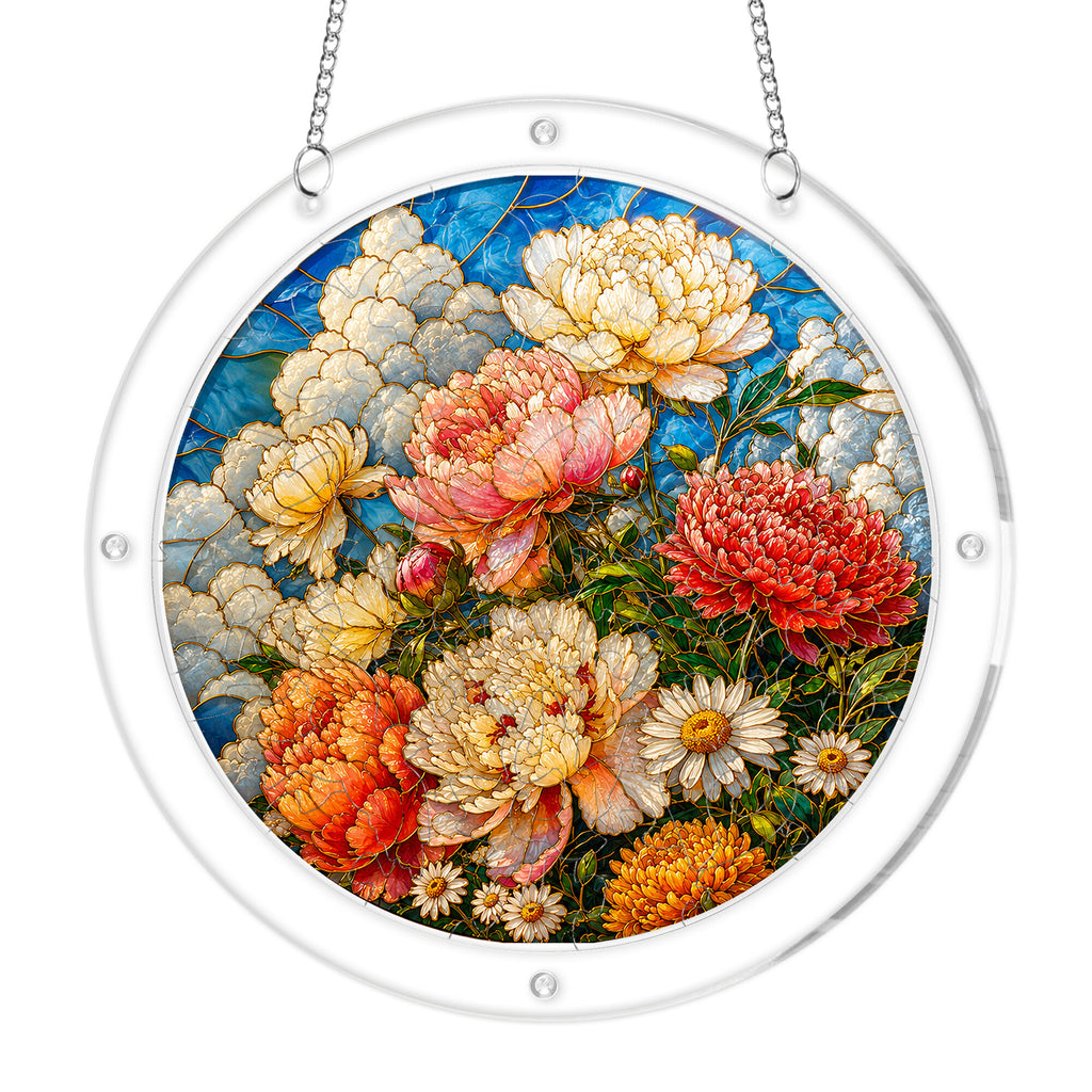 Peony bouquet acrylic puzzle suncatcher, colorful DIY floral window decor