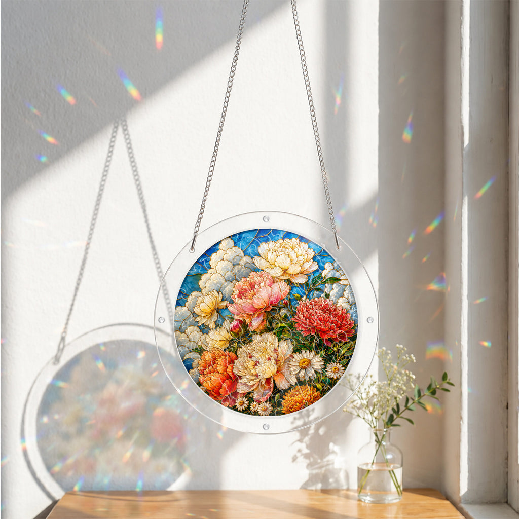 Peony bouquet acrylic puzzle suncatcher, colorful DIY floral window decor
