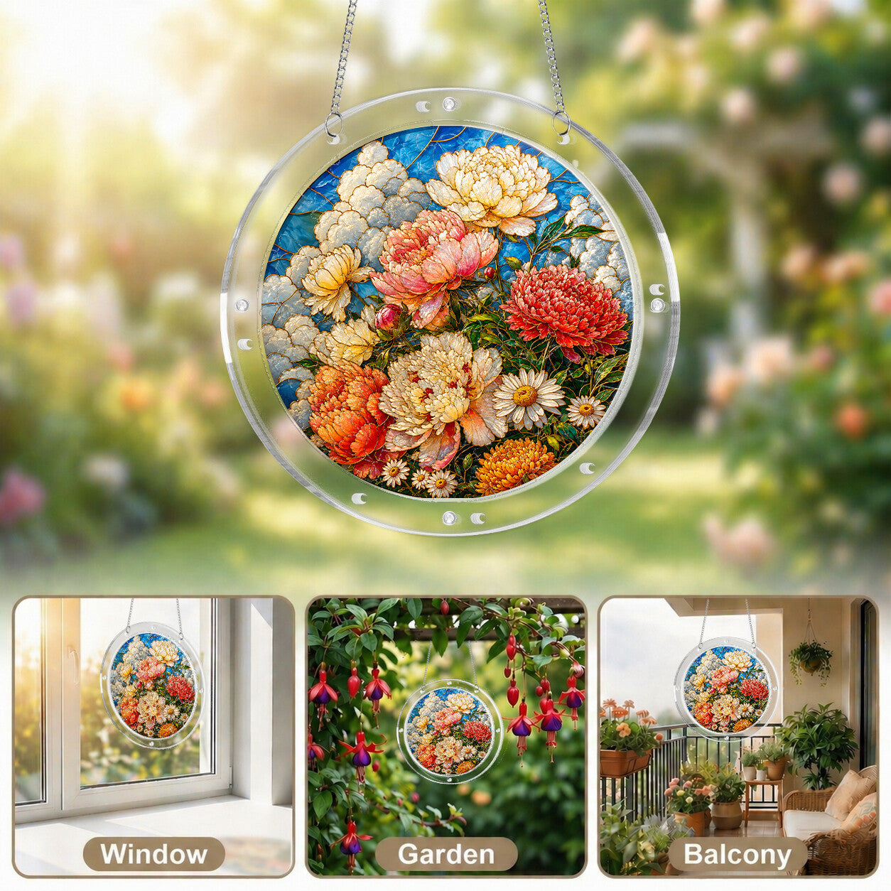 Peony bouquet acrylic puzzle suncatcher, colorful DIY floral window decor