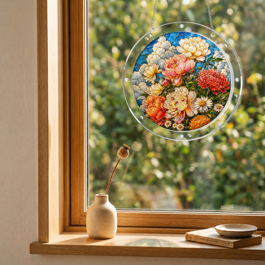 Peony bouquet acrylic puzzle suncatcher, colorful DIY floral window decor