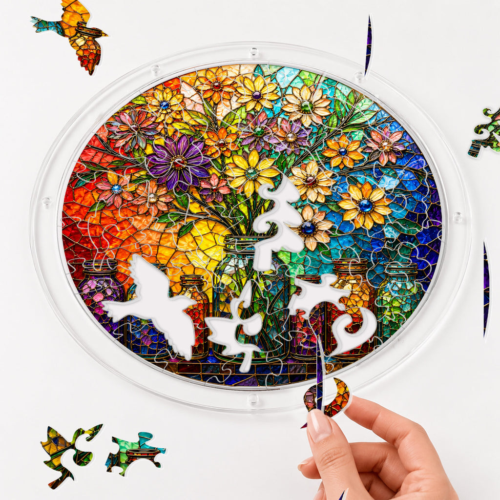 Floral mason jar acrylic puzzle suncatcher, colorful DIY window decor