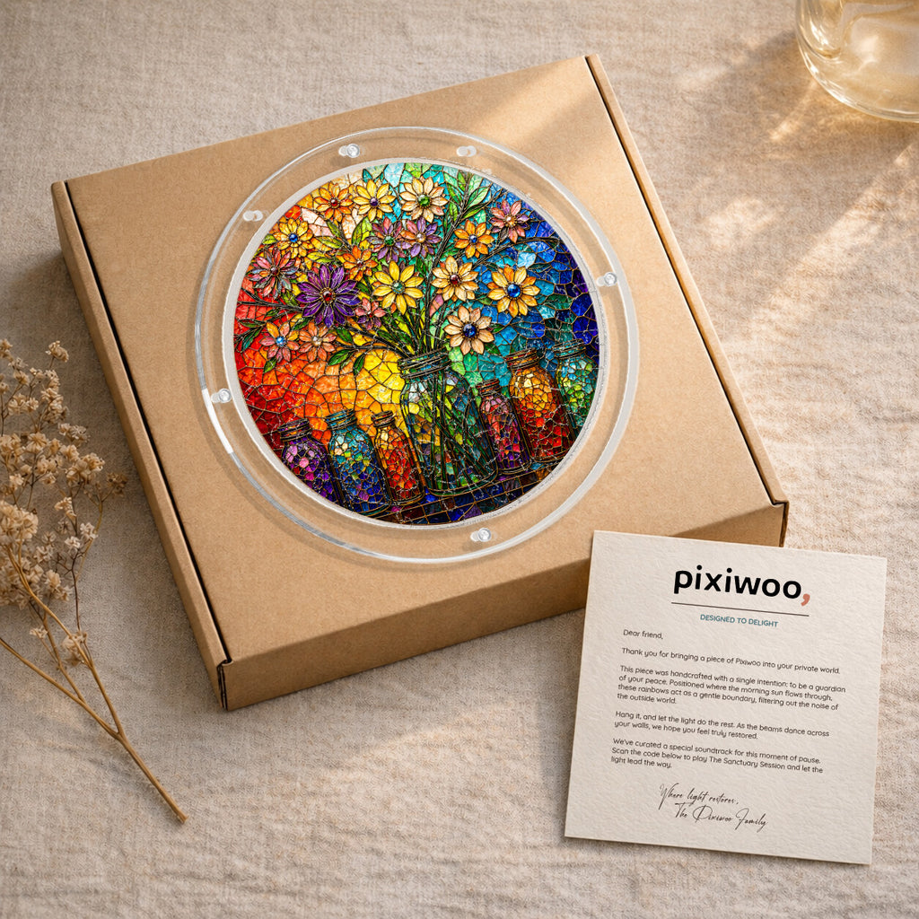 Floral mason jar acrylic puzzle suncatcher, colorful DIY window decor