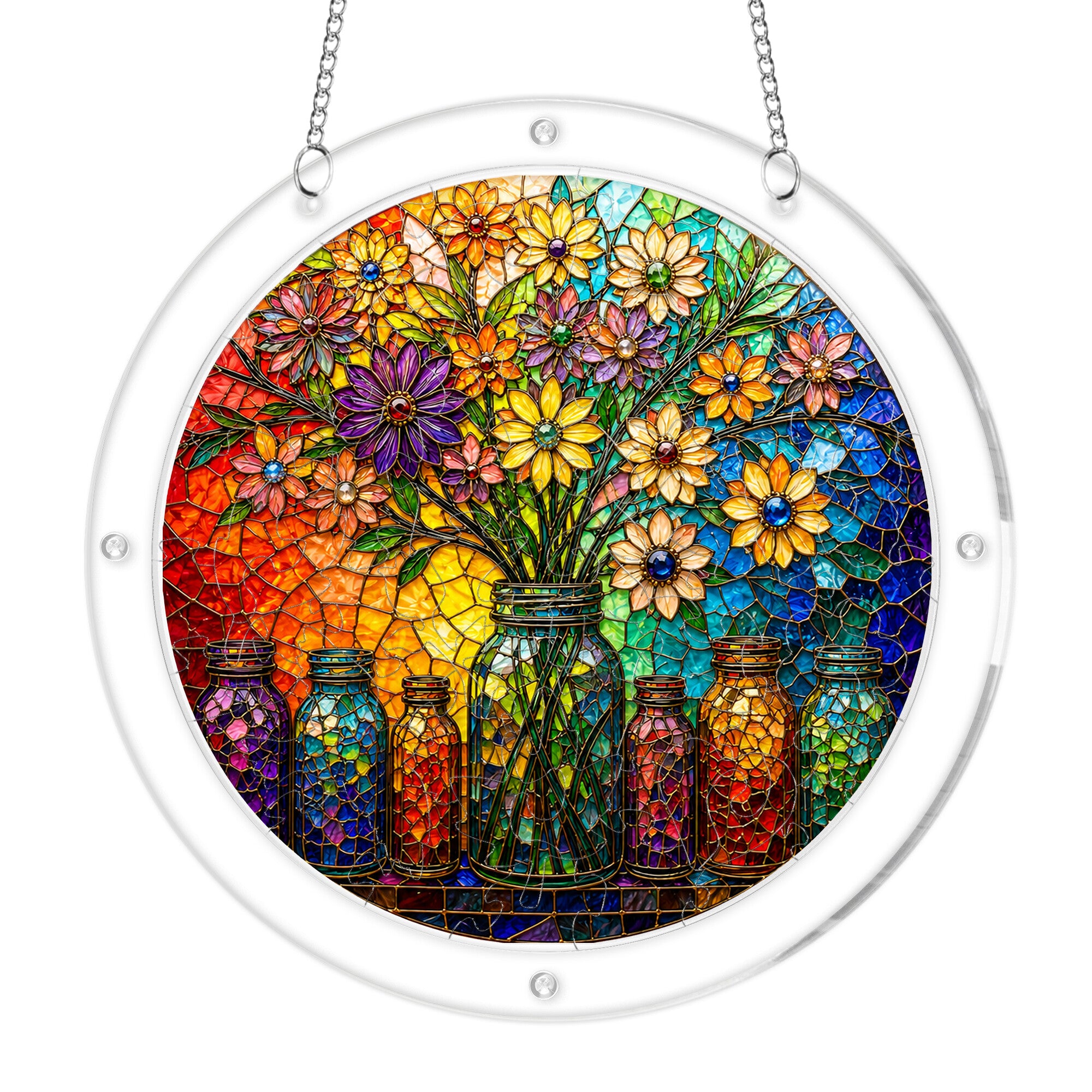 Floral mason jar acrylic puzzle suncatcher, colorful DIY window decor