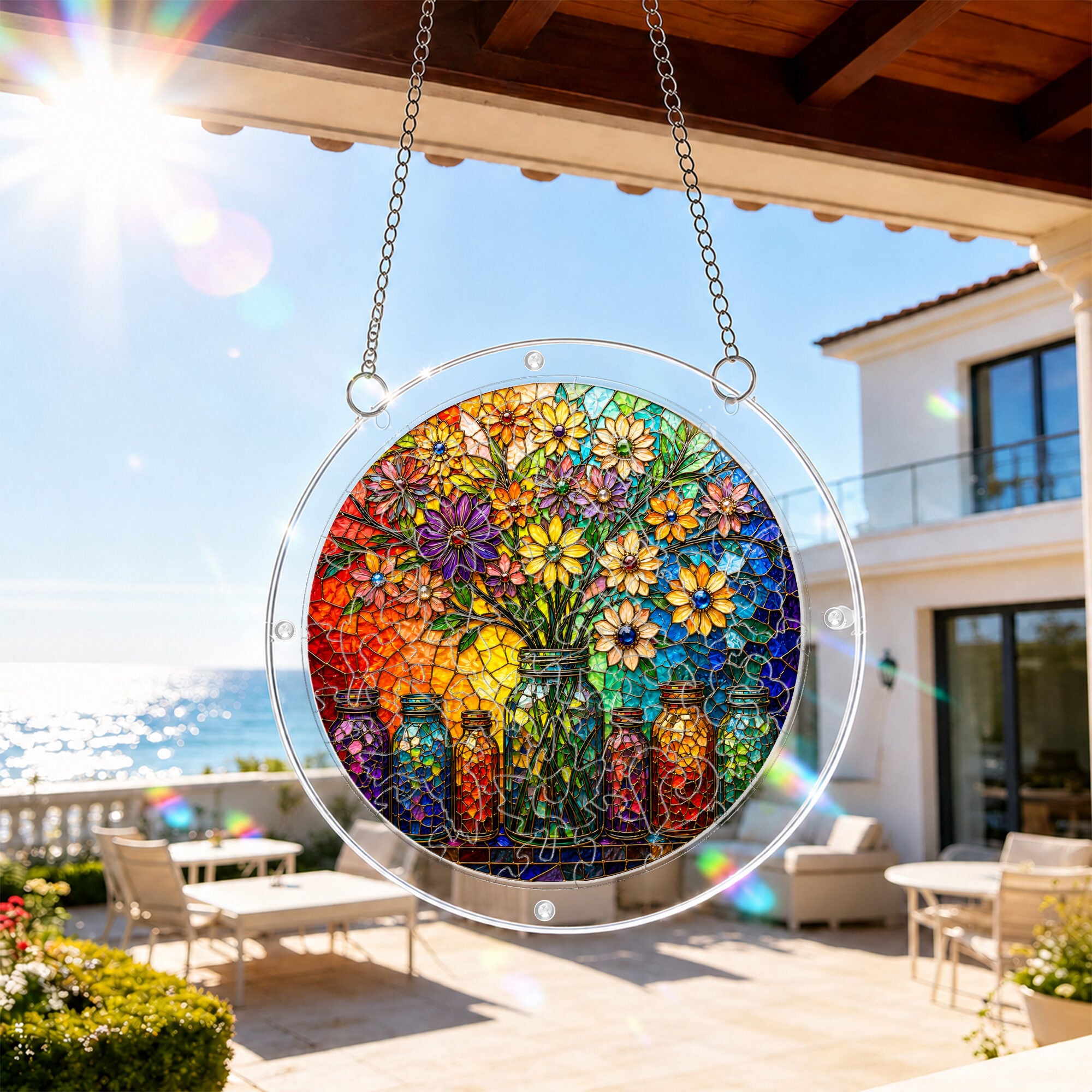 Floral mason jar acrylic puzzle suncatcher, colorful DIY window decor