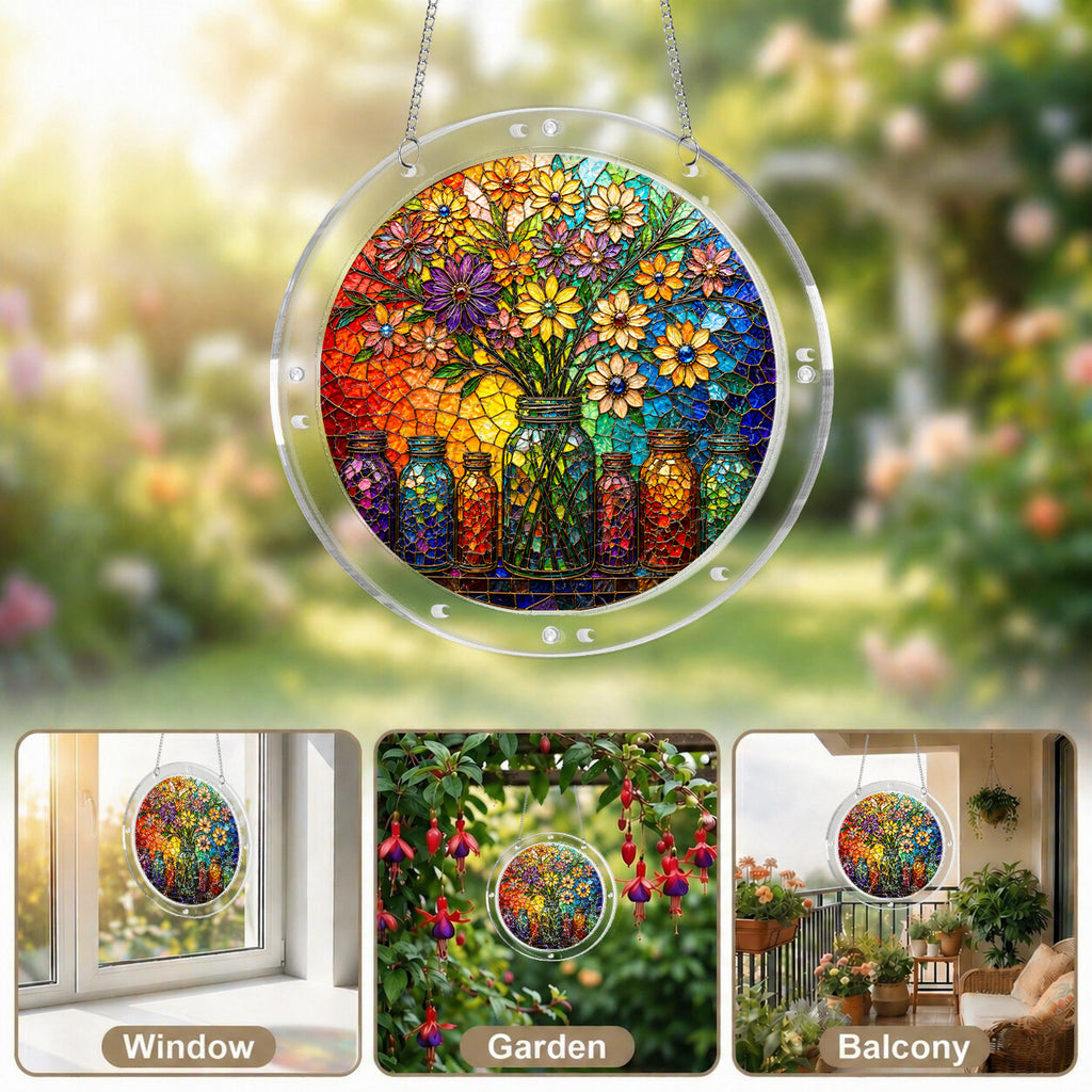 Floral mason jar acrylic puzzle suncatcher, colorful DIY window decor