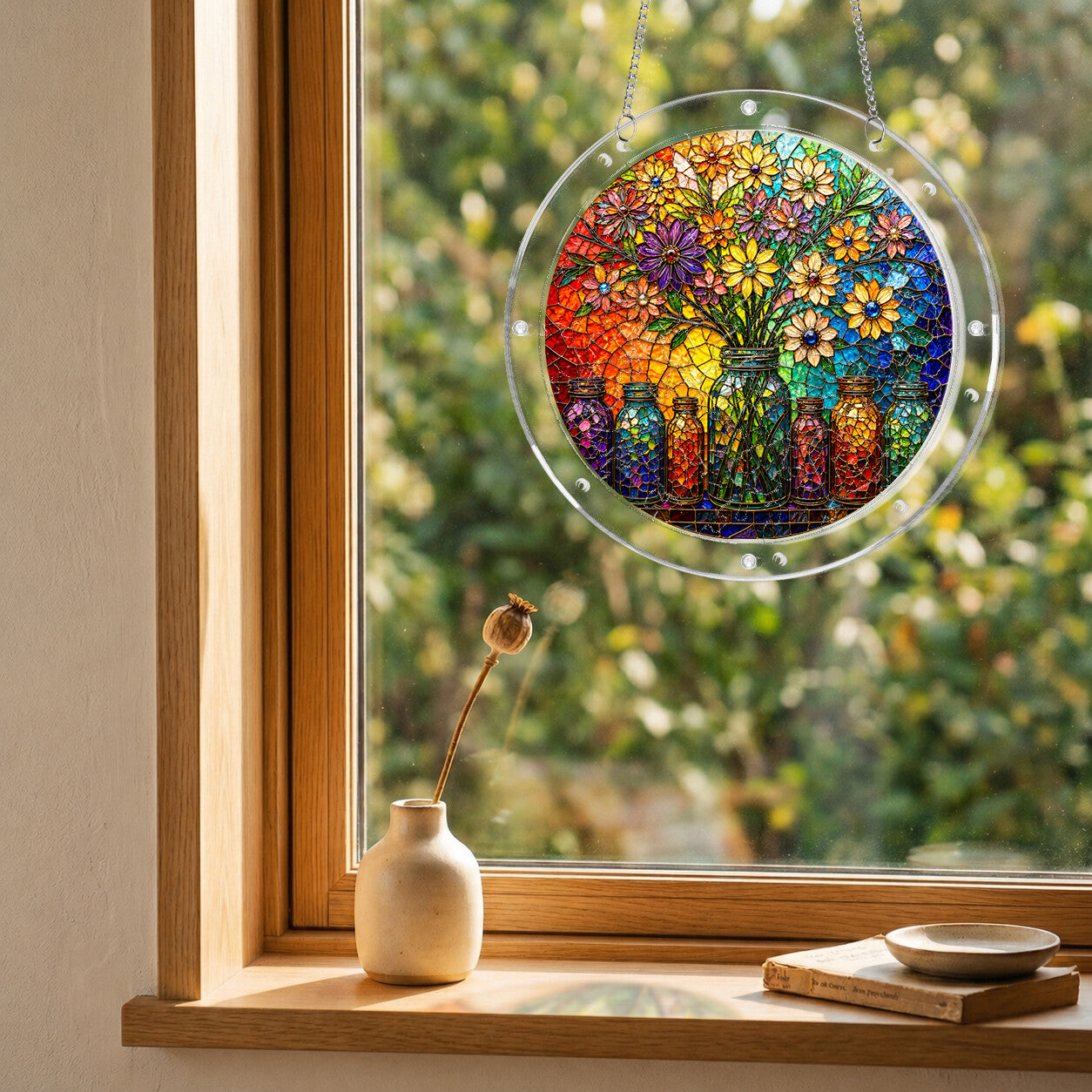 Floral mason jar acrylic puzzle suncatcher, colorful DIY window decor