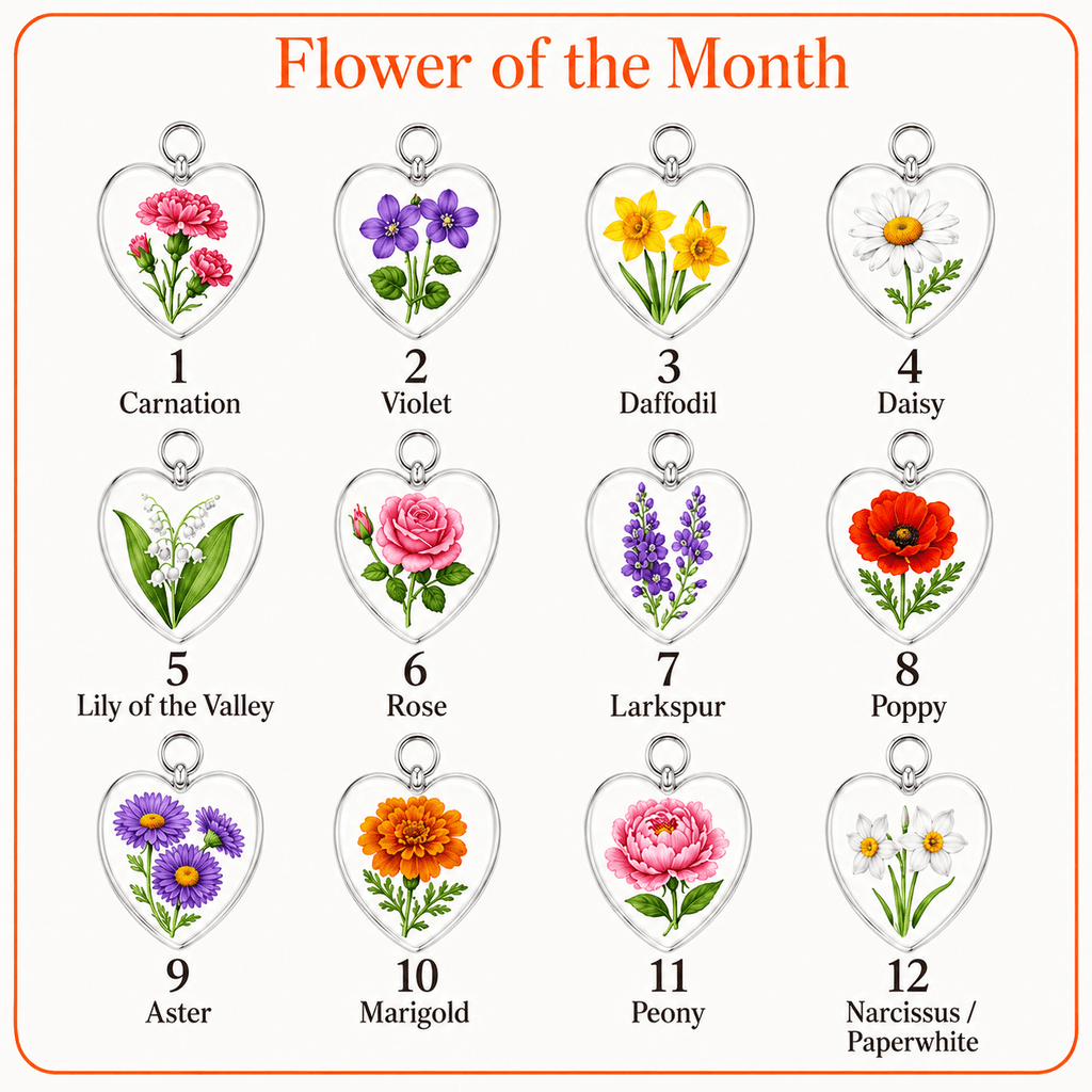 Flower of the month charm options for personalized birth flower crystal suncatcher including carnation, violet, daffodil, daisy, lily of the valley, rose, larkspur, poppy, aster, marigold, peony, and narcissus paperwhite