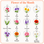 Flower of the month charm options for personalized birth flower crystal suncatcher including carnation, violet, daffodil, daisy, lily of the valley, rose, larkspur, poppy, aster, marigold, peony, and narcissus paperwhite