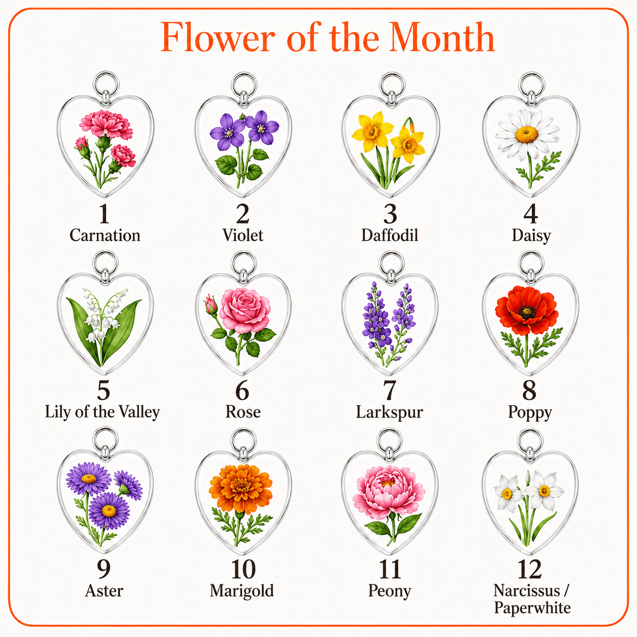 Flower of the month charm options for personalized birth flower crystal suncatcher including carnation, violet, daffodil, daisy, lily of the valley, rose, larkspur, poppy, aster, marigold, peony, and narcissus paperwhite
