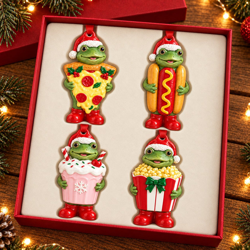 Snack Frog Ceramic Christmas Ornament — Pizza, Hotdog, Milkshake or Popcorn Costume, Single or Set of 4