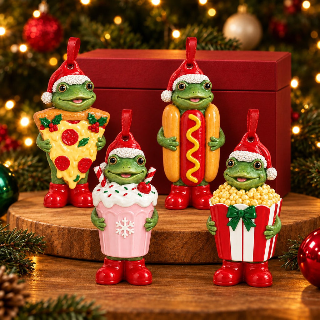Snack Frog Ceramic Christmas Ornament — Pizza, Hotdog, Milkshake or Popcorn Costume, Single or Set of 4