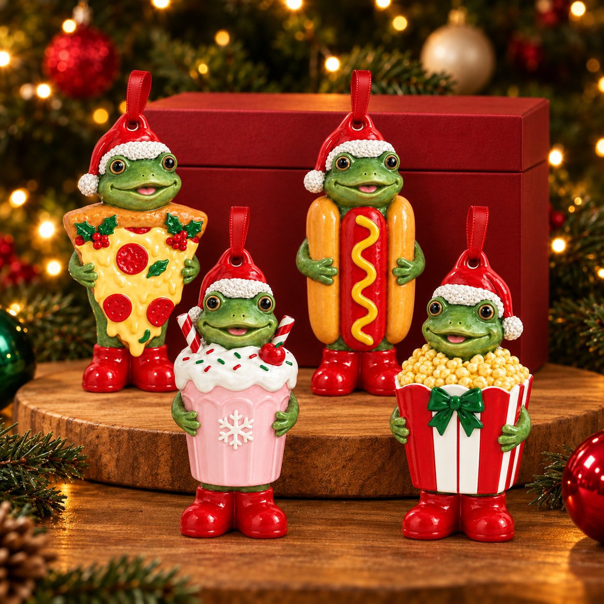 Snack Frog Ceramic Christmas Ornament — Pizza, Hotdog, Milkshake or Popcorn Costume, Single or Set of 4