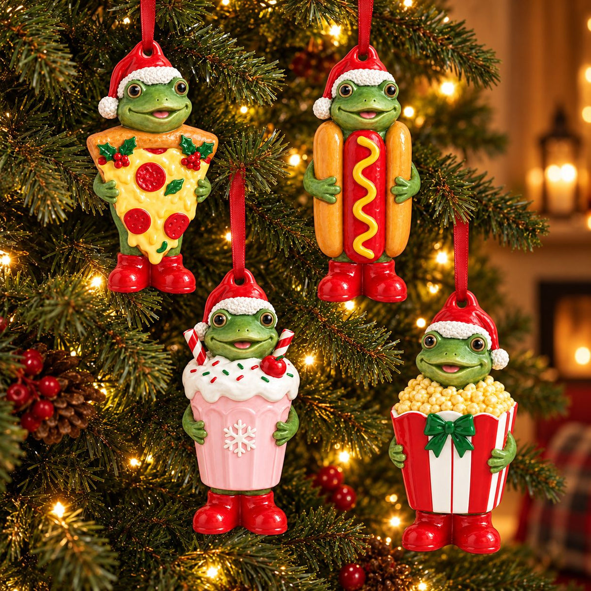 Snack Frog Ceramic Christmas Ornament — Pizza, Hotdog, Milkshake or Popcorn Costume, Single or Set of 4