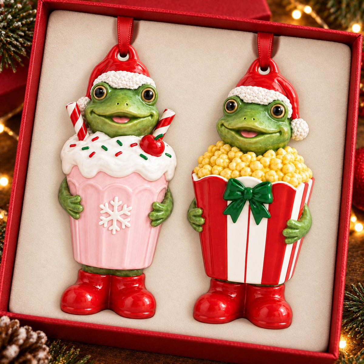 Snack Frog Ceramic Christmas Ornament — Pizza, Hotdog, Milkshake or Popcorn Costume, Single or Set of 4