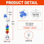 Product detail image of personalized forget me not memorial crystal suncatcher showing acrylic charm size, full hanging length, crystal ball size, and suction cup hook