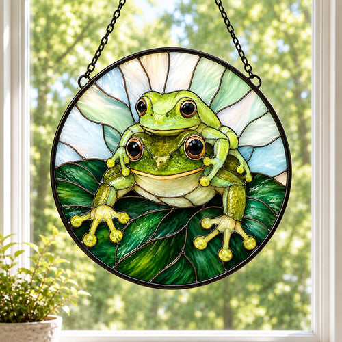 Frog & Baby Piggyback on a Leaf Stained Glass Suncatcher