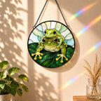 Frog & Baby Piggyback on a Leaf Stained Glass Suncatcher