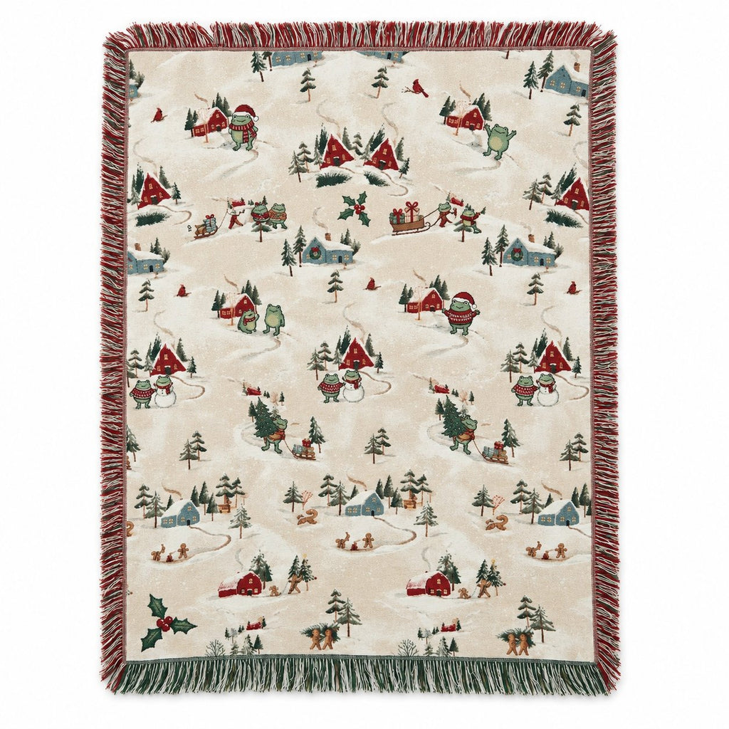 Frog Christmas Village Woven Blanket — Snowy Cabins, Sleds & Cardinals, Cotton Jacquard Throw